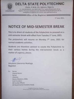 Delta State Poly Otefe-Oghara announces mid-semester break