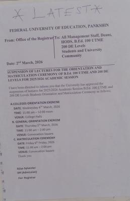 Federal University of Education, Pankshin suspends lectures for orientation, matriculation Ceremony