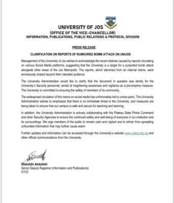 UNIJOS issues clarification on rumoured bomb scare in the institution