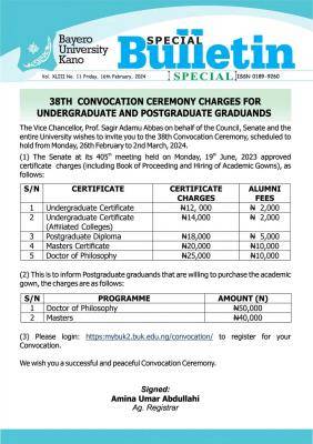 BUK 38th Convocation Ceremony Charges for Graduands