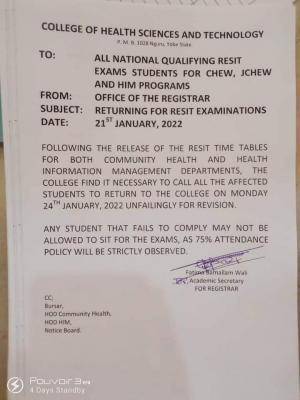 College of Health, Nguru notice on resit of examination