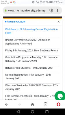 Rhema University notice on resumption for 2020/2021 session