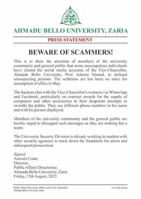 ABU warns the public against fraudsters impersonating the Vice-Chancellor on social media