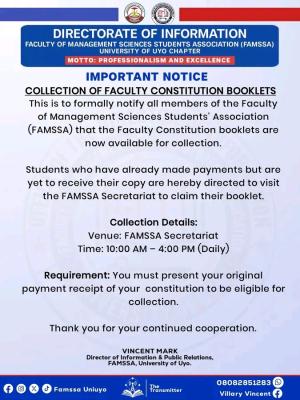 UNIUYO Faculty of Management Sciences notice on collection on faculty constitution