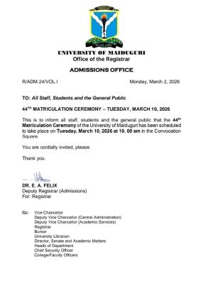 UNIMAID announces 44th Matriculation Ceremony