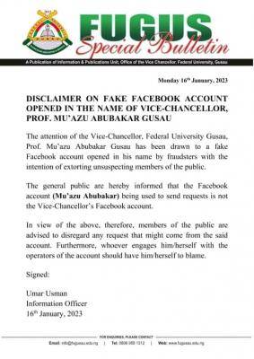 FUGUS disclaimer on Fake Facebook Account in the name of Vice-Chancellor