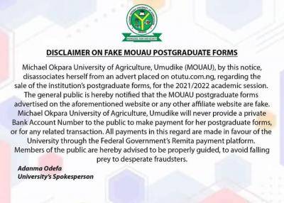 MOUAU disclaimer on fake postgraduate form