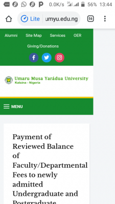UMYU notice to students on payment of reviewed balance of fees for 2019/2020 session