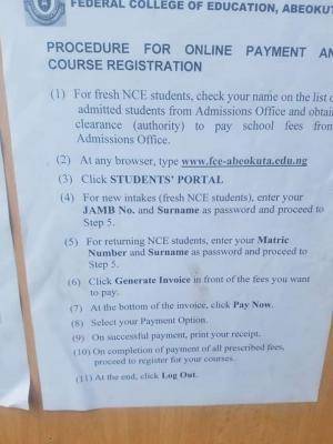 FCE Abeokuta notice on online payment and course registration
