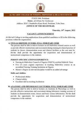 Al-Ma'arif College of Nursing, Midwifery & Health Sciences announces Job vacancies