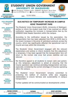 UNIMAID SUG notice on temporary hike in Transport Fare