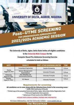 UNIDEL Post UTME Screening schedule, 2023/2024