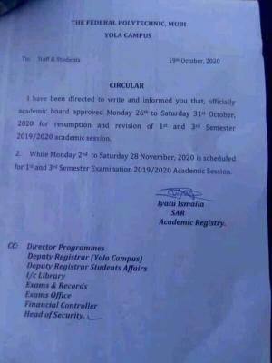 Federal Polytechnic Mubi issues resumption notice to staff and student