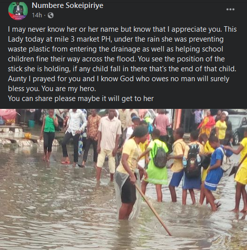 Lady Praised for Helping School Children Cross a Flooded Market in Port Harcourt