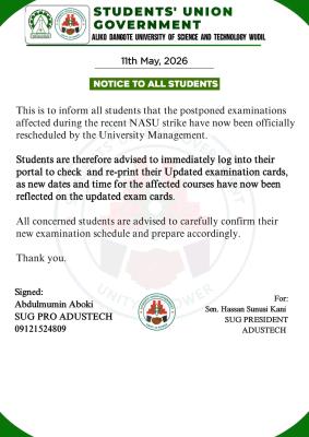 ADUSTECH SUG update on postponed exams