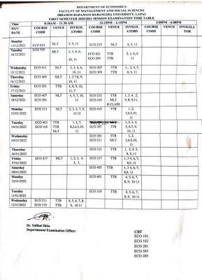 IBBUL first semester examination timetable, 2020/2021