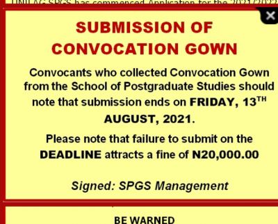 UNILAG notice to postgraduate graduands on deadline for submission of gown