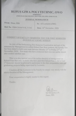 RUGIPO notice on conduct of faculty test for 1st semester 2019/2020 session