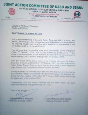 National Leadership of NASU/SSANU announces suspension of strike