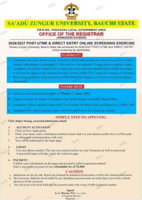 SA'ZU Post-UTME/DE 2026: Cut off mark, Eligibility and Registration Procedures