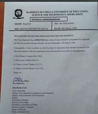 BOUESTI declares Lecture-free days for Fresh students' orientation