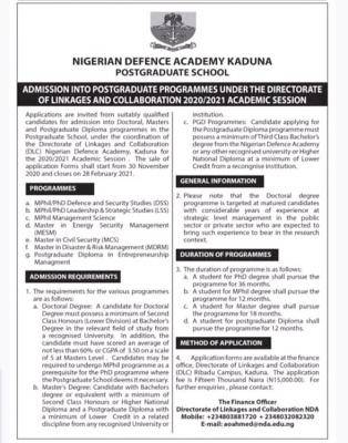 NDA Postgraduate admission under directorate of linkage and collaboration, 2020/2021 session