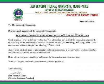 FUNAI reschedules Examination scheduled for 30th May