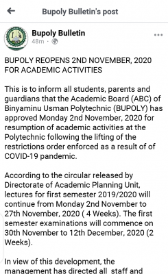 BUPOLY announces resumption of academic activities