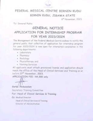 Federal Medical Centre, Birnin Kudu application for internship programme, 2023/2024