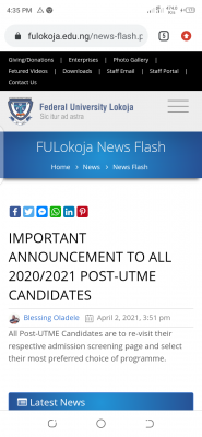 FUlokoja notice to 2020 Post-UTME candidates