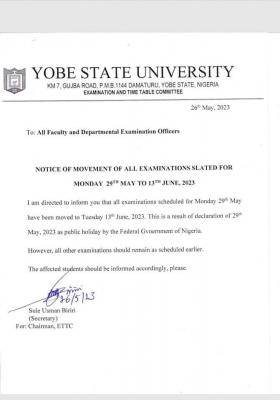 YSU shifts examination slated for 29th May