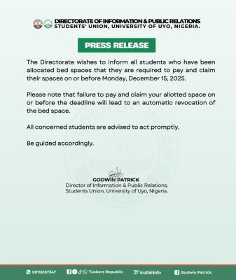UNIUYO SUG notice to students allocated bedspaces