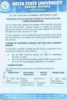 DELSU extends deadline for payment of school fees and course registration