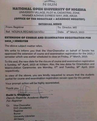 NOUN notice on extension of course and examination registration for 2023_ 1st semester