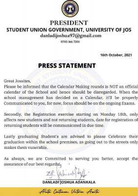 UNIJOS SUG disclaims academic calendar making rounds on social media