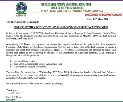 AE-FUNAI announces second semester inception quiz, 2025/2026
