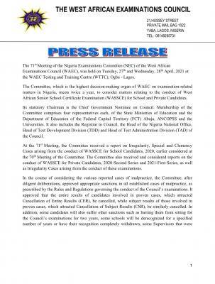 WAEC press release on the just concluded 71st NEC meeting