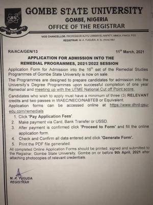 GOMSU remedial admission form for 2021/2022 session