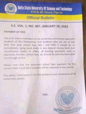 Delta State University, Ozoro notice on school fees payment