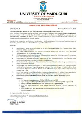 UNIMAID extends Post UTME registration deadline, 2025/2026