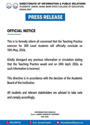 Akwa Ibom State COE notice to all 300L students on conclusion of teaching practice