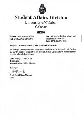 UNICAL announces documentation of foreign undergraduate and postgraduate students