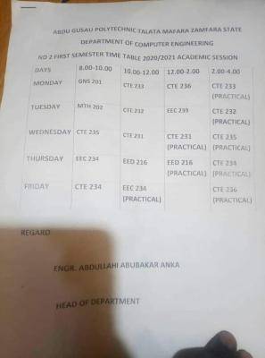 Abdul Gusau Polytechnic 1st semester Lecture timetable, 2020/2021