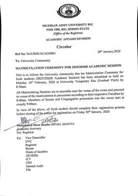 NAUB announces Matriculation ceremony for the 2025/2026 academic session