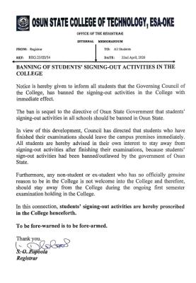 Osun State college of Tech bans student's signing out in campus