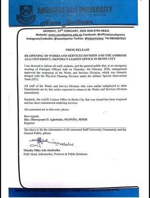 AAU reopens works and services division, Benin City Liaison Office
