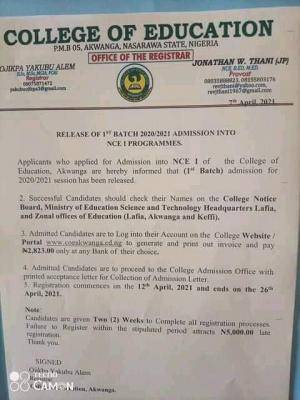 College of Education, Akwanga registration details for newly admitted NCE students, 2020/2021