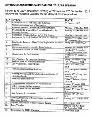 OOU Approved Academic Calendar for 2017/18 Session