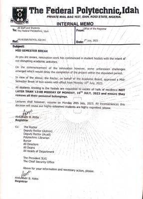 Federal Polytechnic, Idah notice on mid semester break