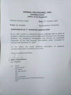 Federal Polytechnic Oko suspend first semester examination